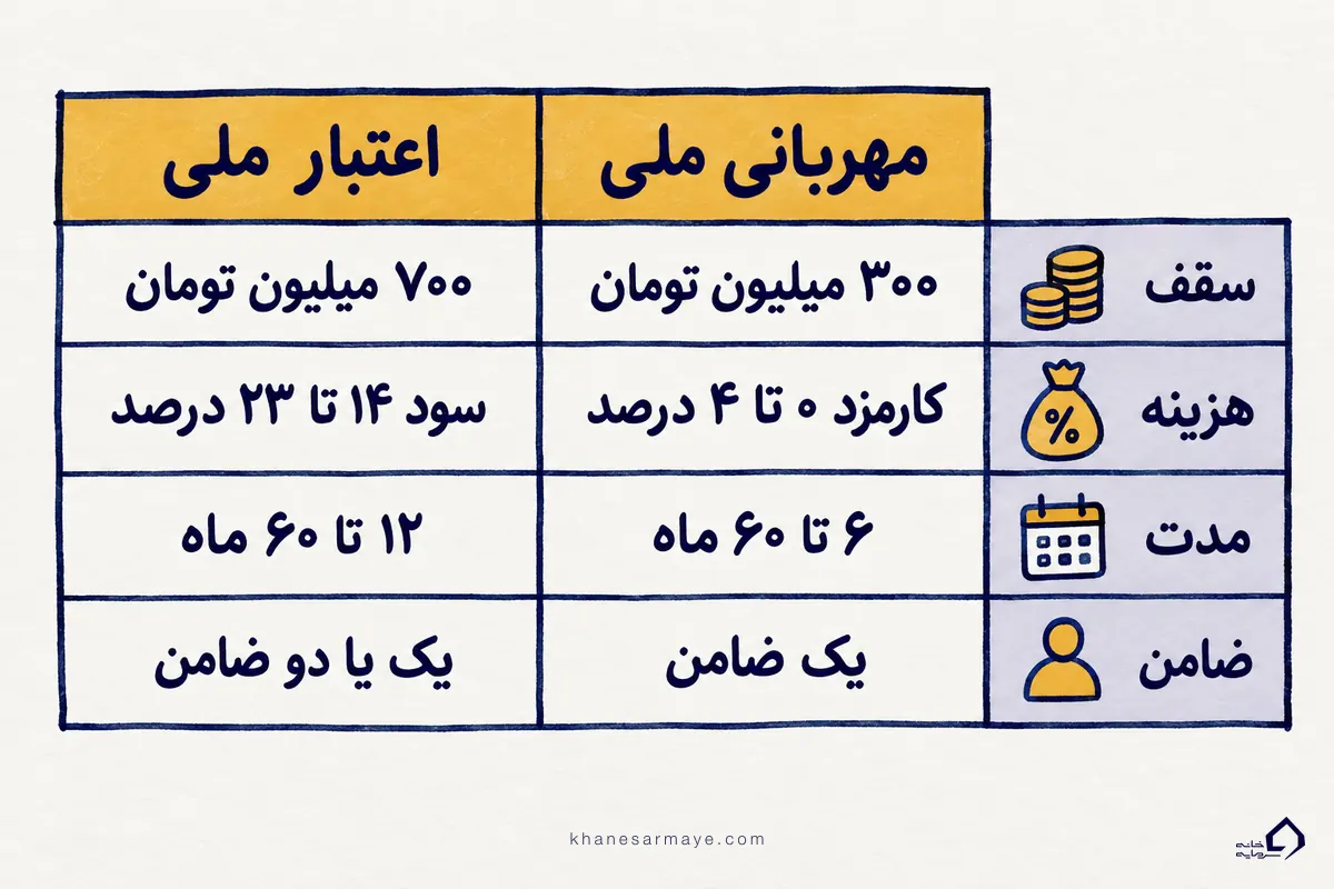 مقایسه وام بانک ملی در طرح مهربانی ملی و اعتبار ملی از نظر سقف، هزینه، مدت و ضامن