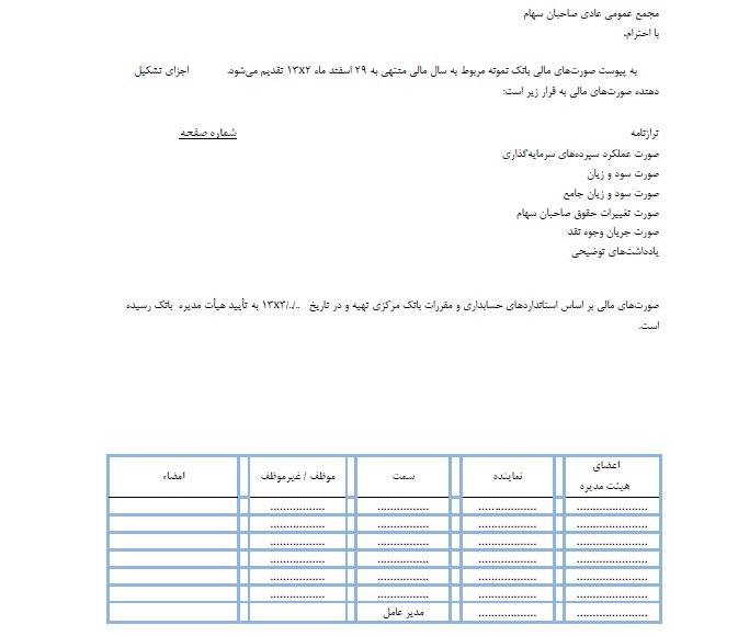 فهرست اجزای صورتهای مالی یک بانک نمونه